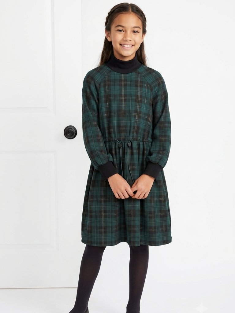 Unlabel Green Square Cosmos Girls Dress Plaid Turtle Neck Size 11-12 Nwt